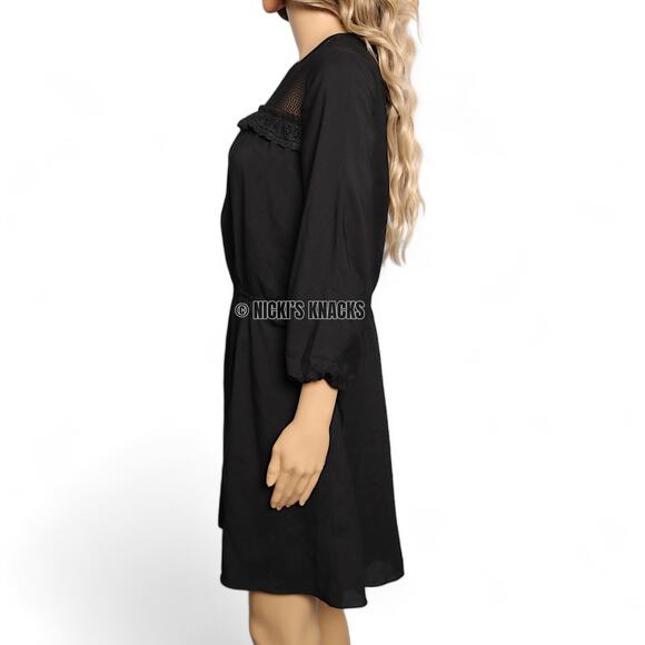 Le Gali Black Fishnet Mini Dress Drawstring Waist Babydoll 3/4 Sleeve Size XS - Picture 5 of 12